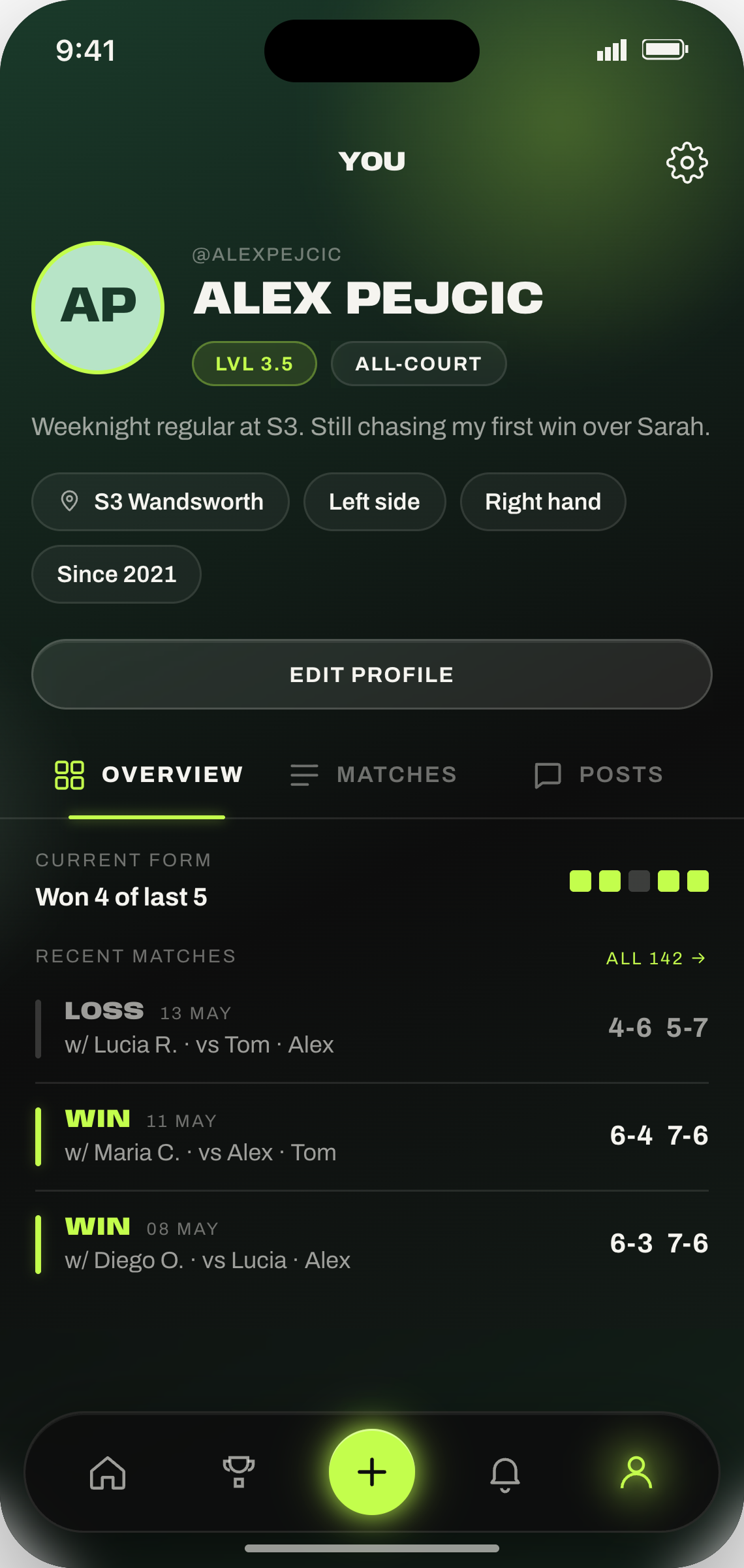 Your Pista profile — level, current form and recent matches