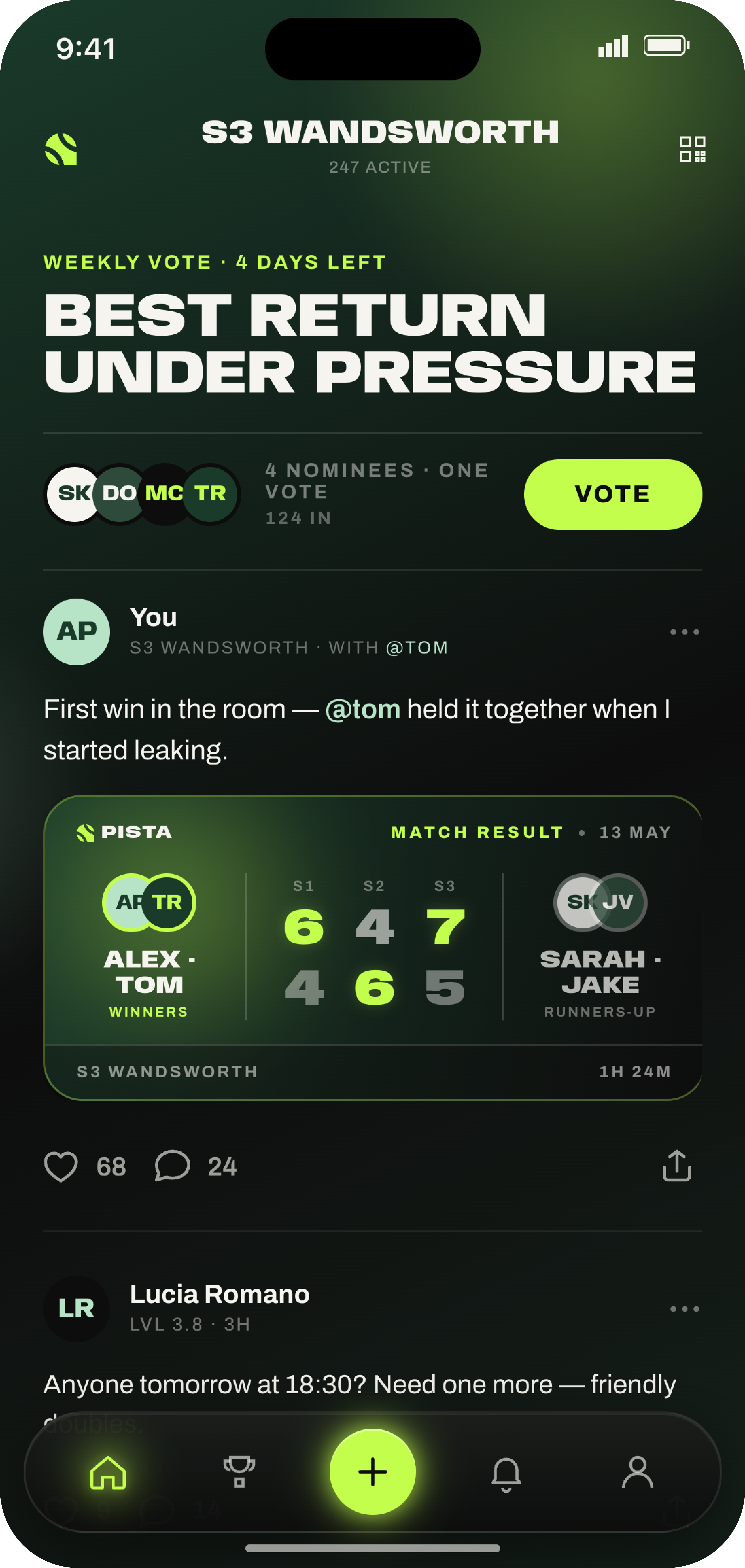 Pista app — community feed with the weekly vote and a match result